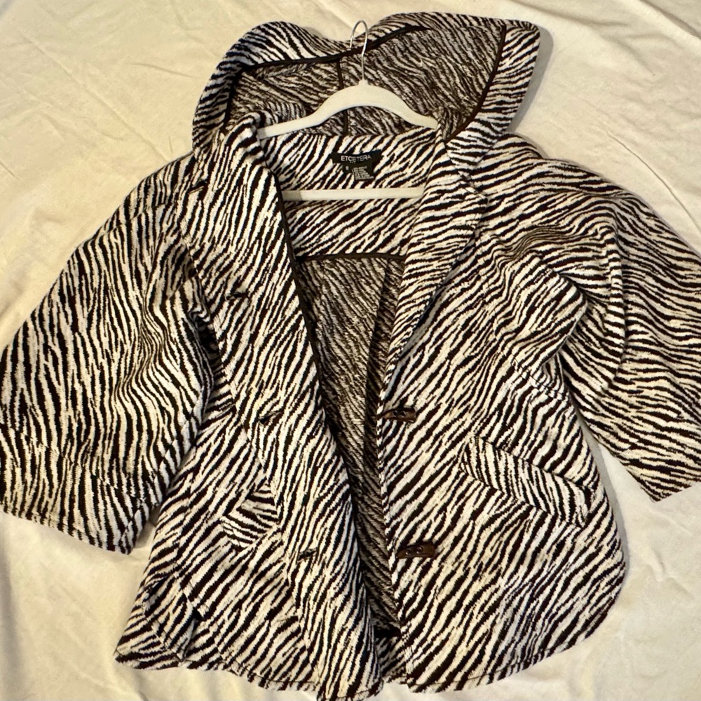 Etcetera Zebra Animal Print Wool Blend Hooded Sweater Jacket Size S